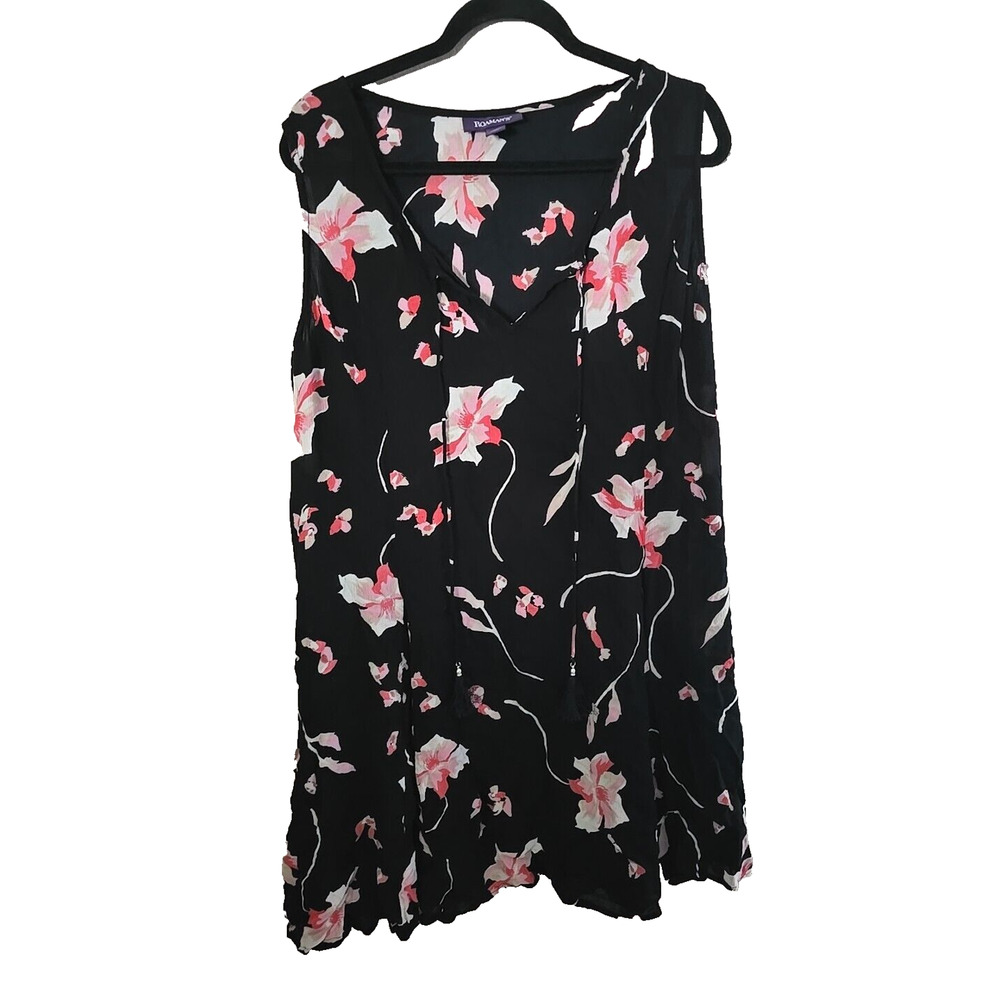 Roaman's Black Floral V-Neck‎ Tassel Crinkle Sleeveless Dress Womans Size 18/20